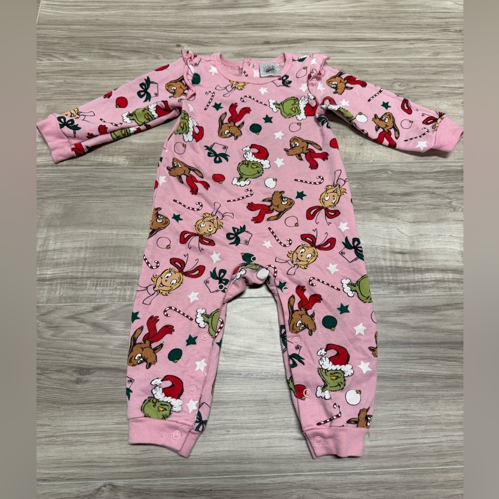 The Grinch X Dr.Suess Pink Holiday Themed Baby Onesie Size 12 Months